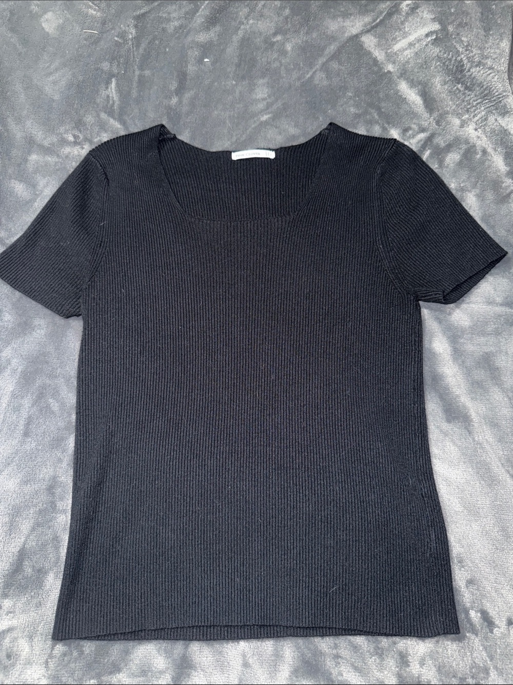 Pink Clover Black Ribbed Square-Neck Short Sleeve Top